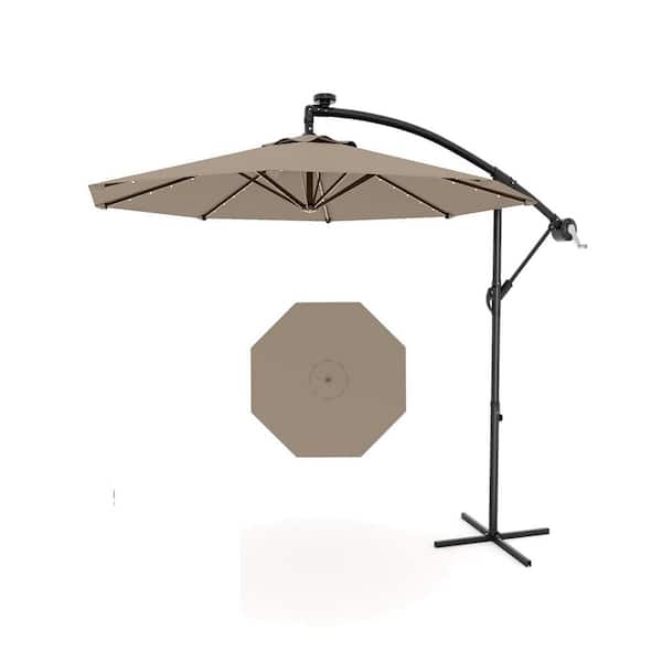 10 ft. Metal Pole Solar LED Lighted Cantilever Offset Patio Umbrella in Tan with Tilt Adjustment and Cross Base