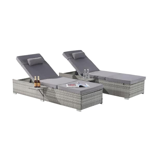 Sudzendf 2-Pieces PE Rattan Wicker Outdoor Patio Chaise Lounge with Cup Holder, Gray Cushions