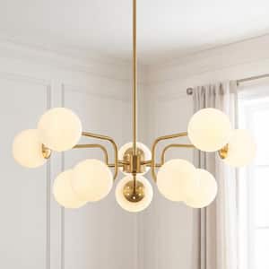Zephyr Modern 10-Light Brushed Brass Elegant Opal Glass Globe Chandelier for Dining Room Living Space