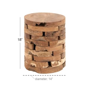 14 in. Light Brown Cylinder Wood Handmade Live Edge End Table with Brick Inspired Design