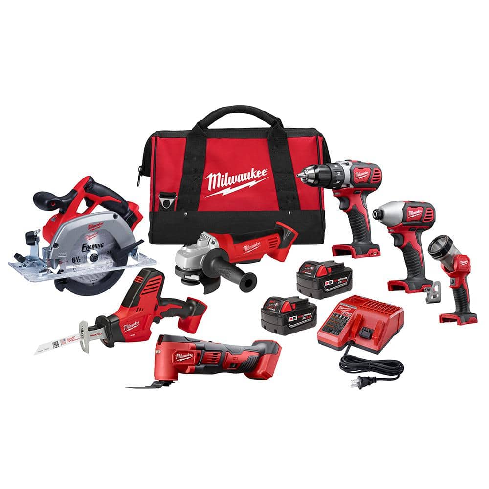 Milwaukee M18 18V Lithium-Ion Cordless Combo Tool Kit (7-Tool) with Two 3.0 Ah Batteries, Charger and Tool Bag
