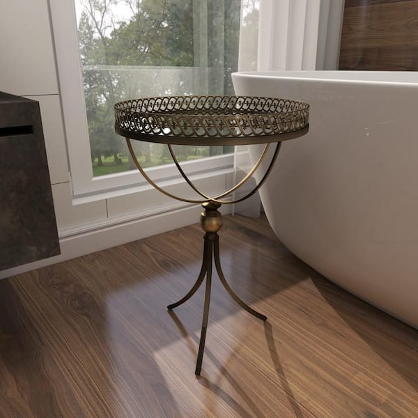 Litton Lane 16 in. Brass Large Round Mirrored End Accent Table