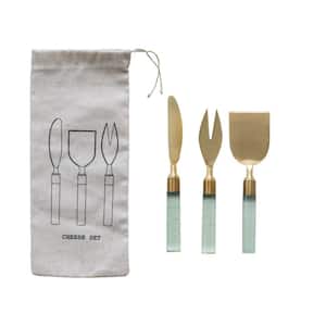 3-Piece Stainless Steel Cheese Knife Set with Resin Handles and Printed Drawstring Bag