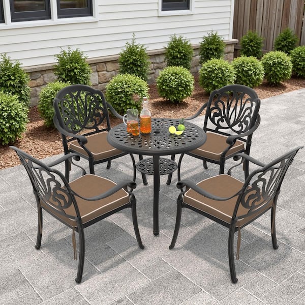 Willit Elizabeth Black 5-Piece Cast Aluminum Outdoor Dining Set with Round Table, Dining Chairs and Random Color Seat Cushion