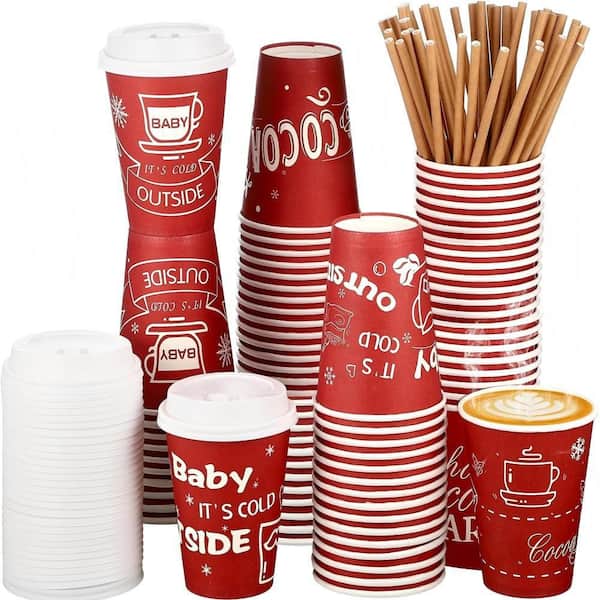 12 oz. Red Christmas Printed Disposable Coffee Cup with Lids Straws Paper Kitchen Cup for Party (Set of 48)​