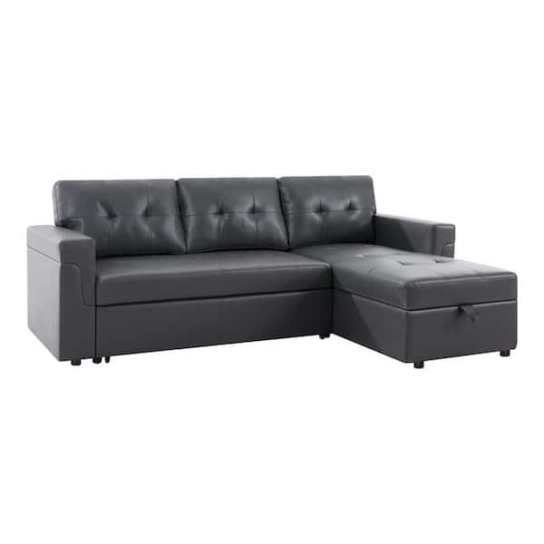 84.64 in. Faux Leather L-Shaped Sleeper Sectional Sofa with Square Arms in Dark Gray Reversible Chaise and Pull-out Sofa