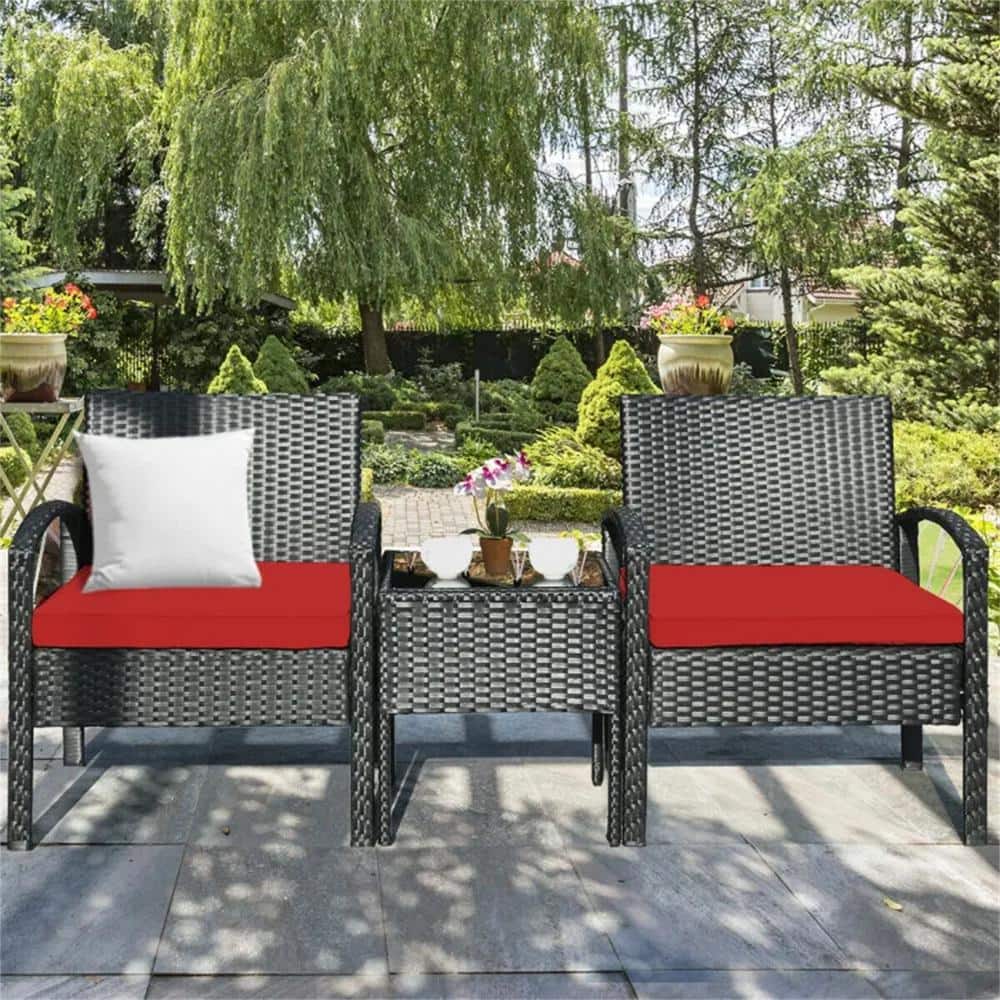 Red 3-Piece Wicker Outdoor Lounge Chair without Sunshade with Red Cushion