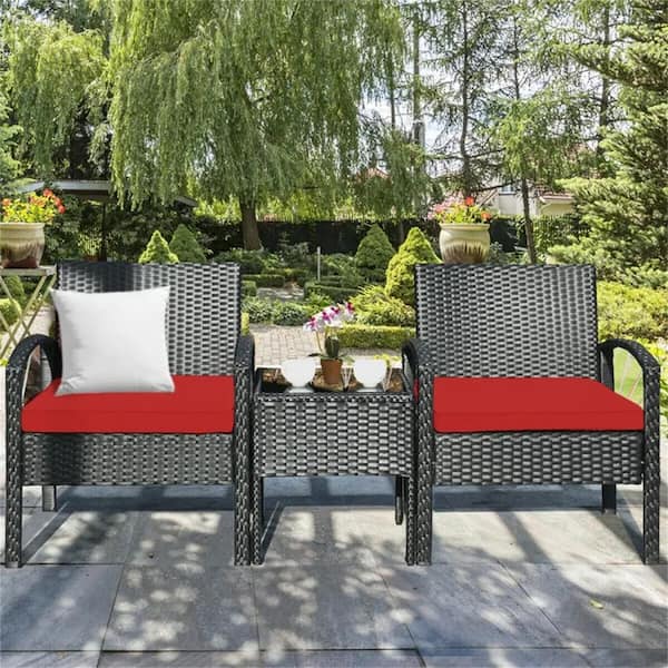 Red 3-Piece Wicker Outdoor Lounge Chair without Sunshade with Red Cushion