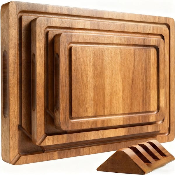 3-Piece Acacia Wood Cutting Board Set with with Built-In Compartments, Juice Groove and Holder, Hand Wash Only
