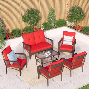 Black 6-Pieces Metal Patio Conversation Sectional Seating Set with CushionGuard Red Cushions