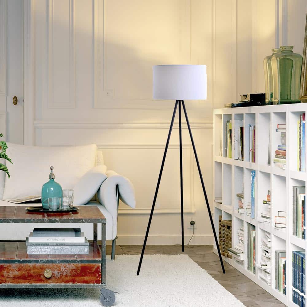 Black Metal Tripod Floor Lamp with White Linen Shade