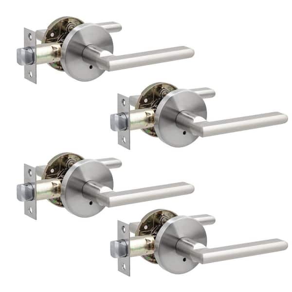 eModernDecor CozyBlock Privacy Door Lever Handle Brushed Nickel Finish Easy to Lock and Unlock for Bedroom and Bathroom (Set of 4)