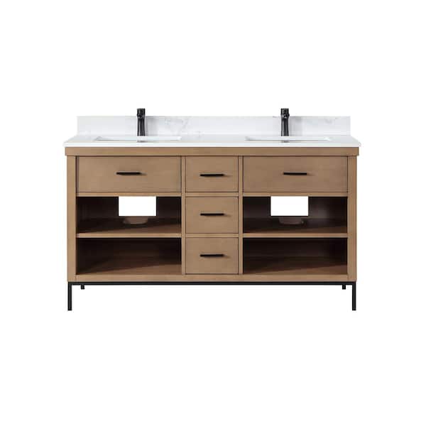 Altair Kesia 60 in. W x 22 in. D x 34 in. H Bath Vanity in Brown Pine with Carrara White Composite Stone Top