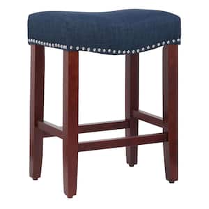 Jameson 24 in. Counter Height Cherry Wood Backless Nailhead Trim Barstool, Upholstered Black Faux Leather Saddle Seat