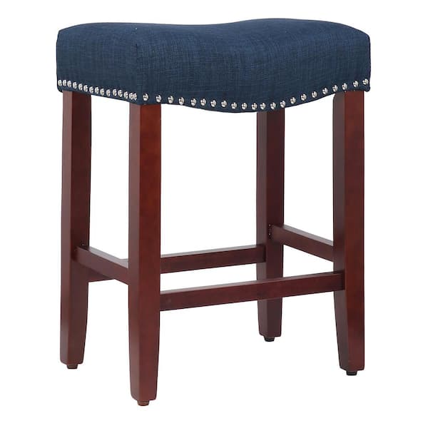 WESTINFURNITURE Jameson 24 in. Counter Height Cherry Wood Backless Nailhead Trim Barstool with Upholstered Navy Blue Linen Saddle Seat