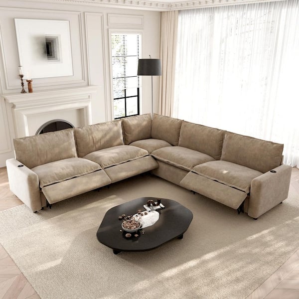 Power Recliner 107 in. Square Arm Khaki Linen 5-Pieces L-Shape Modular Sectional Sofa with Heat, USB and Type-C Ports
