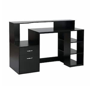 54 in. Black 2-Drawer Writing Computer Desk with 3-Storage Shelves