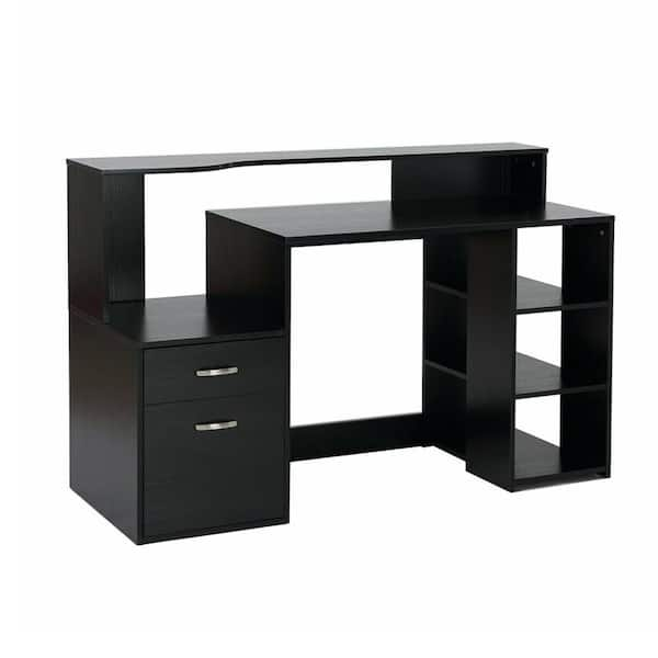 HOMCOM 54 in. Black 2-Drawer Writing Computer Desk with 3-Storage Shelves