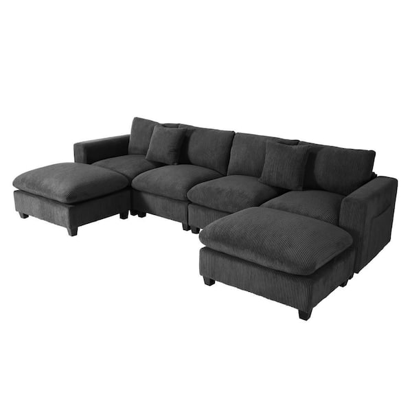 Hamilton 128 in. Square Arm 6-Piece Corduroy Modular Sectional Sofa Ottoman Set w/ USB Charge Port in. Charcoal Gray