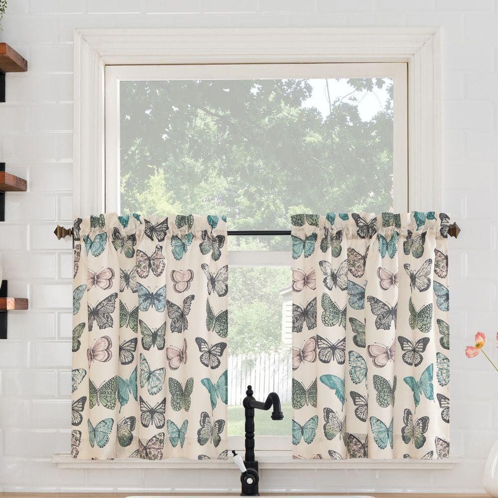Blue Butterfly Print Sheer Polyester Kitchen Curtain Tier Pair