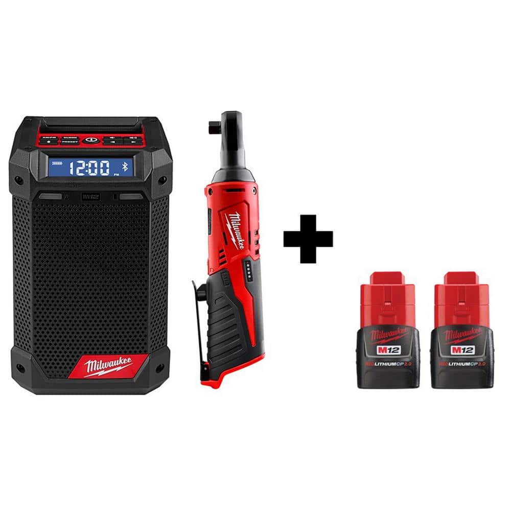 Milwaukee M12 12V Lithium-Ion Cordless 3/8 in. Ratchet and Bluetooth/AM/FM Jobsite Radio with 2 Batteries -  2951-20-24-2-X2