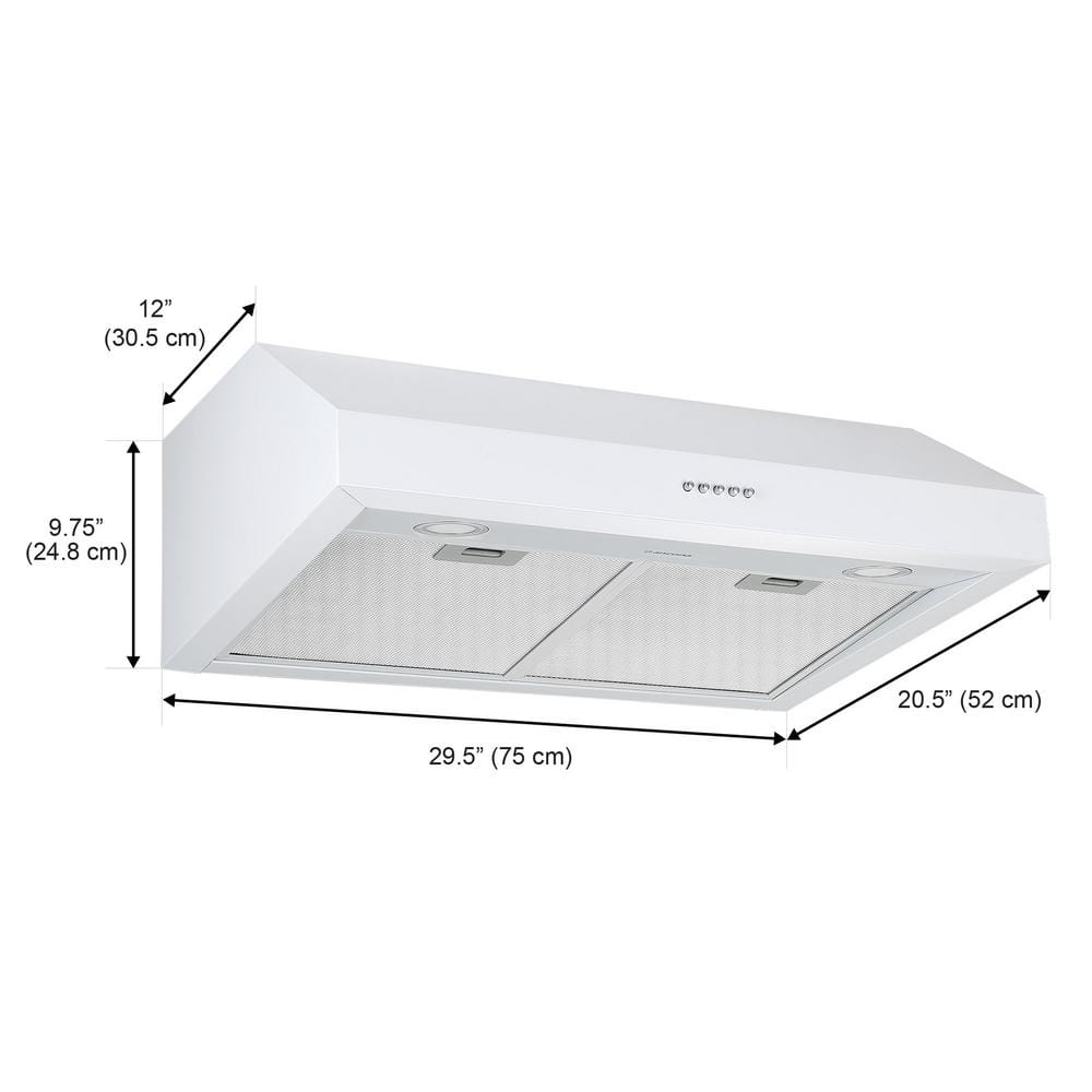30" White Stainless Steel Under Cabinet Range Hood