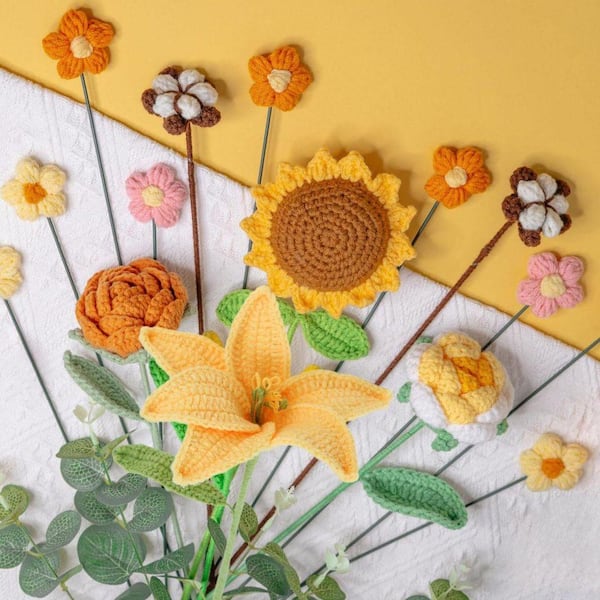 18 in. Yellow Artificial Eucalyptus Crochet Flowers Bouquet with