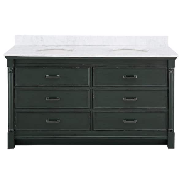 Home Decorators Collection Greenbrook 61 in. W x 22 in. D Vanity Cabinet in Vintage Forest Green with Marble Vanity Top in Carrara White with Sink