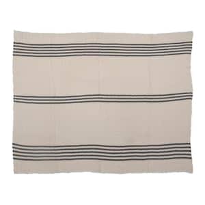 Cream, Black Cotton Double Cloth Stitched Throw Blanket with Frayed Edges