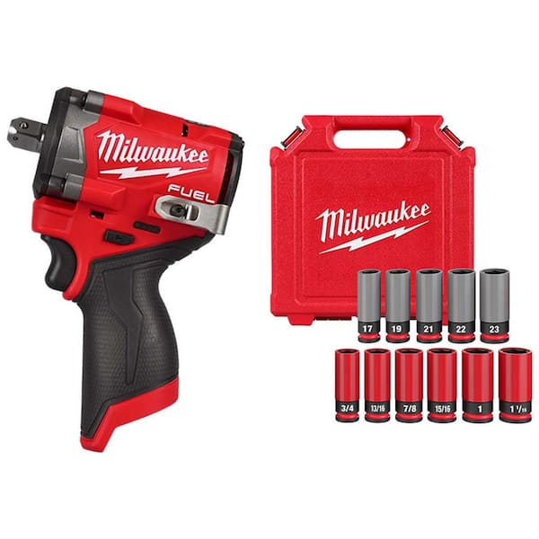 M12 FUEL 12V Li-Ion Brushless Cordless Stubby 1/2in. Impact Wrench w Pin Detent w SAE & Metric Lug Nut Impact Socket Set