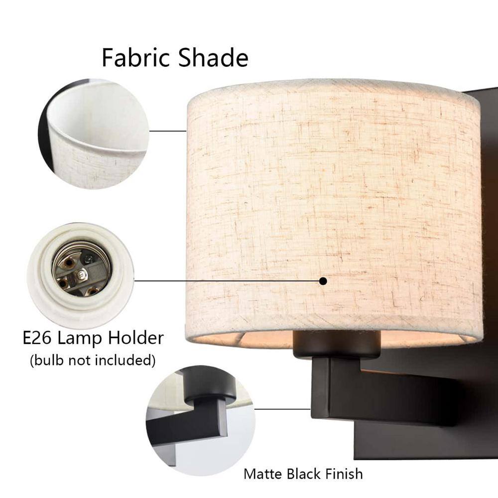 Matte Black Wall Sconce with Beige Fabric Drum Shade
