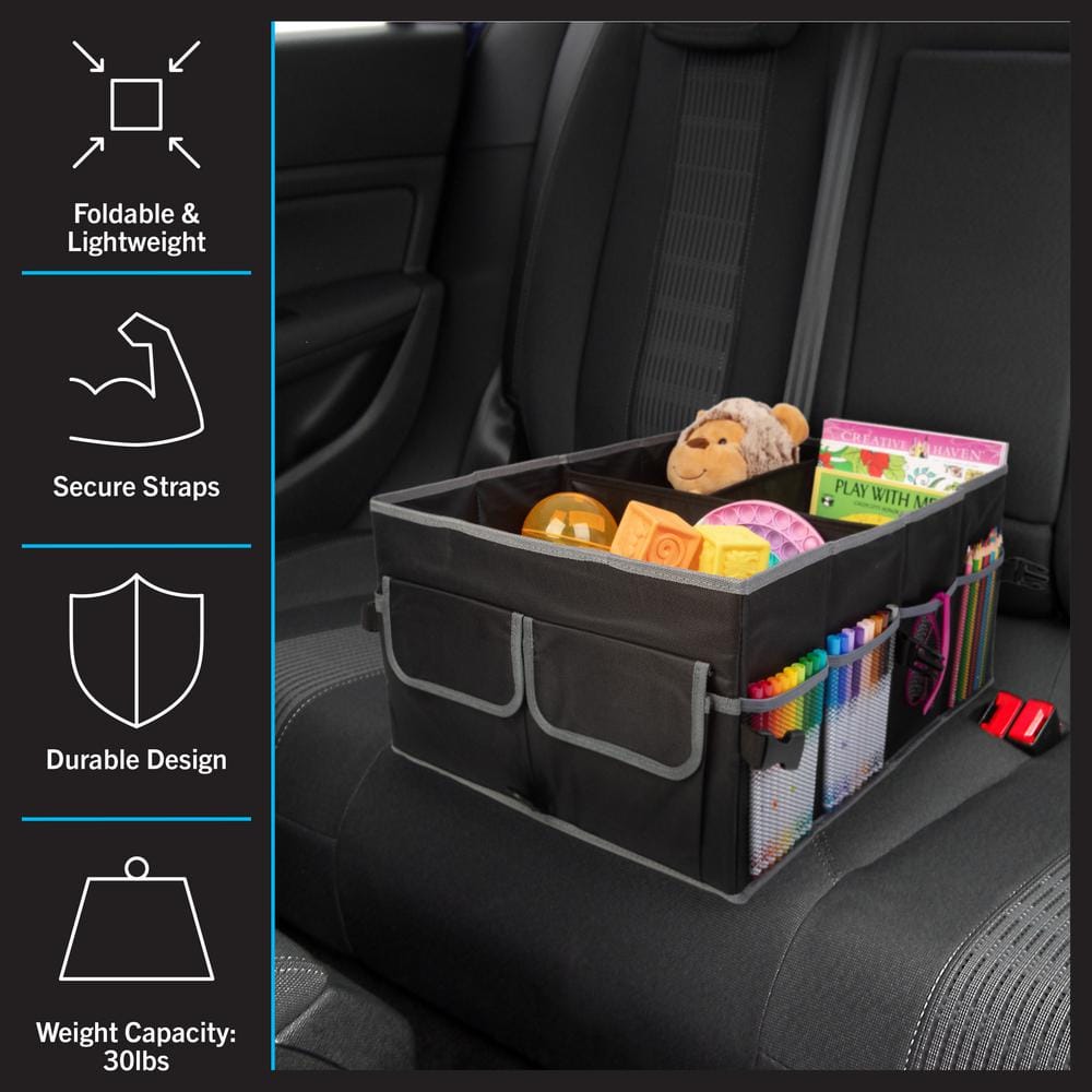 Black Collapsible Car Trunk Organizer with Adjustable Straps