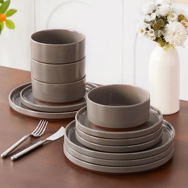MALACASA 12-Piece Dark Gray and Khaki Stoneware Dinnerware Set