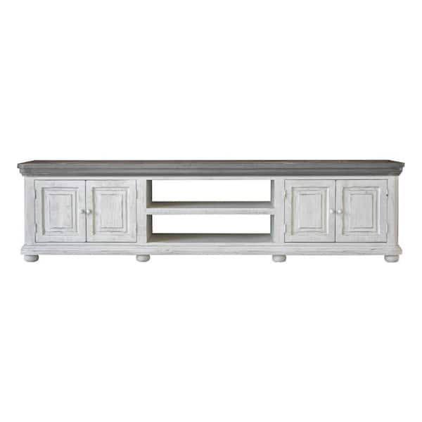 Benjara 92.5 in. Gray and White Wood TV Stand Fits TVs up to 88 in. with Fixed Shelf