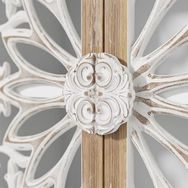 68.9 in. Tall White and Natural Wood 4-Shelf Accent Bookcase with Carved Doors and Bottom Drawer