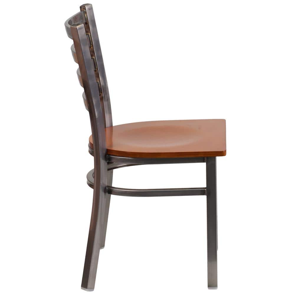 Cherry Wood Seat Clear Coated Ladderback Metal Side Chair