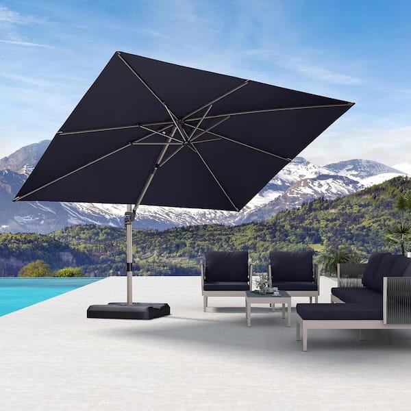 PURPLE LEAF 9 ft. x 11 ft. Patio Cantilever Umbrella Light Champagne Aluminum 360° Rotation Umbrella with Base, Navy Blue