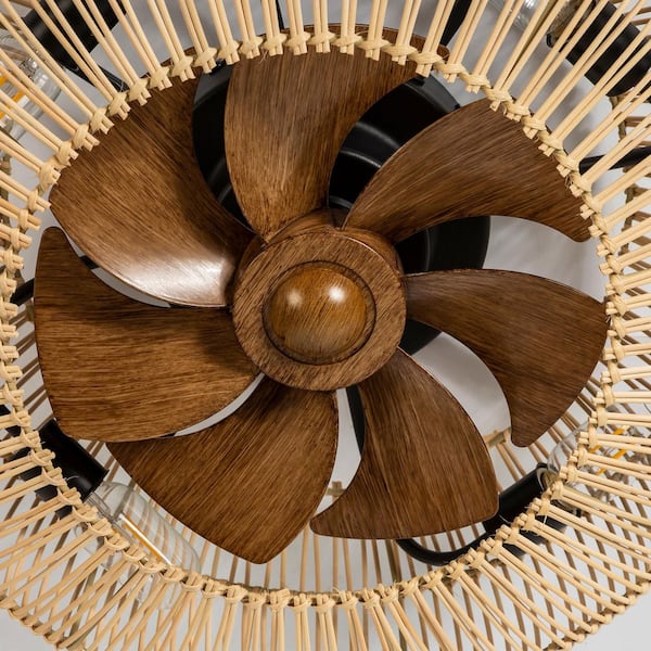 19 in. Indoor 4-Light Brown Hugger Farmhouse Small Ceiling Fan with Rattan-Frame Light Kit and Remote Included