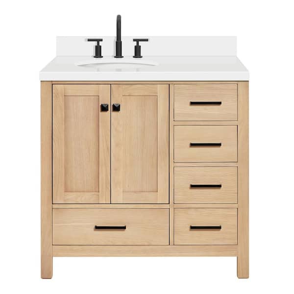 Cambridge 36 in. W x 22 in. D x 36 in. H Single Freestanding Bath Vanity in Oak with Pure White Quartz Top