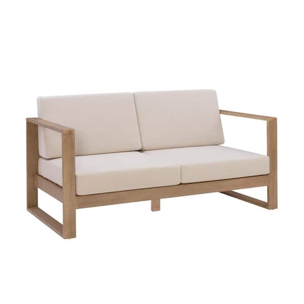 Linon Home Decor Sloane Natural Wood Outdoor 2 Seater Loveseat Sofa with Beige Cushions