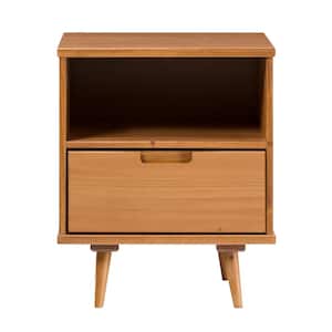 1-Drawer Caramel Solid Wood Mid-Century Modern Storage Side Table