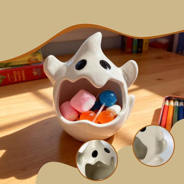 1-Piece Ghost Shaped Ceramic Bowl, Versatile Organizer for Candy, Halloween Decorative Cookie Jars and Diffuser Holder