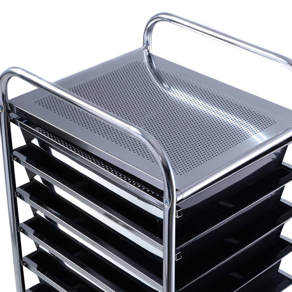 Black 10-Drawer Rolling Storage Cart with Chrome Frame