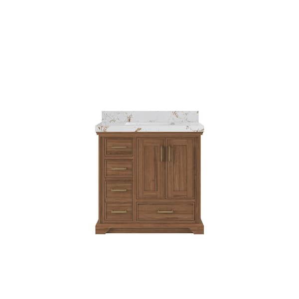 Willow Collections Charlotte Teak 36 in. W x 22 in. D x 36 in. H Center Sink Bath Vanity in Dark Natural with 2 in. Viola Gold Top
