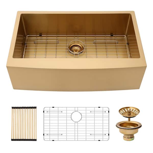 33 in. Farmhouse Single Bowl 16 Gauge Gold Stainless Steel Kitchen Sink with Bottom Grids