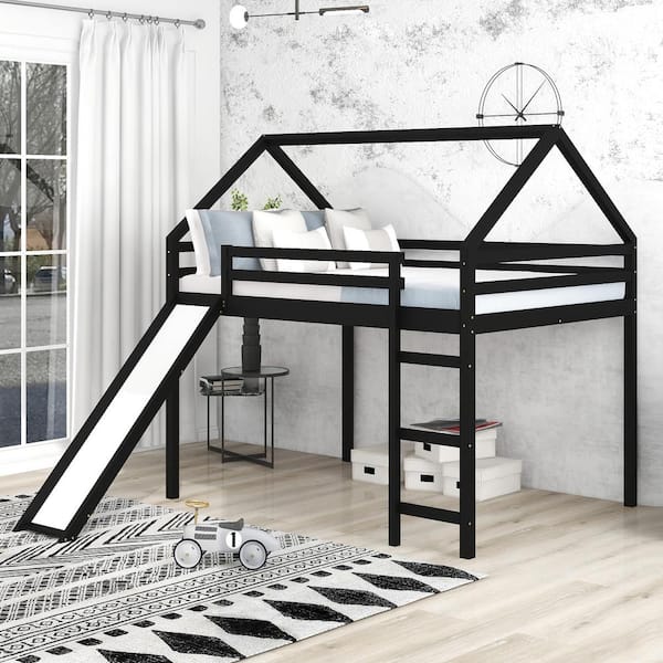 Qualler Espresso Full Size Loft Bed House Bed with Slide