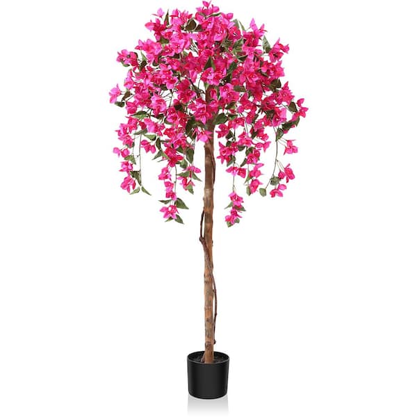 5 ft. Artificial Bougainvillea Flowers Tree, Faux Potted Plants with Wood Trunk for Home Office Wedding Home Decor
