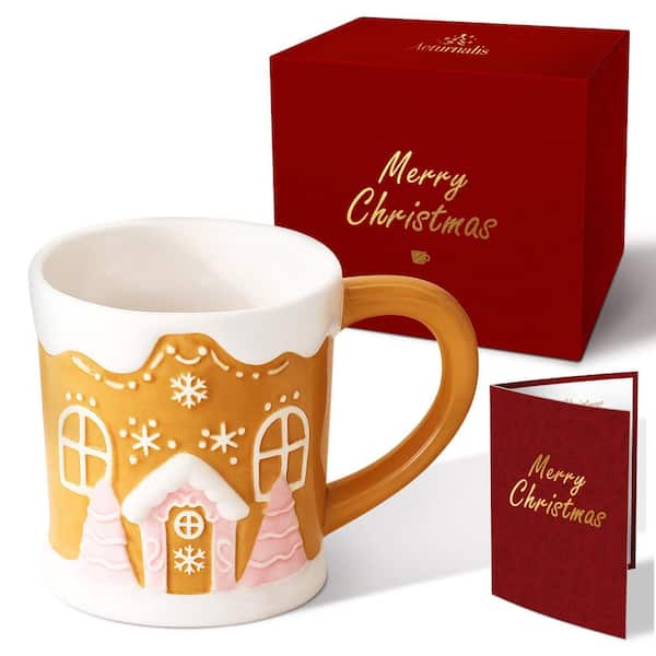17 oz Ceramic Mug (Set of 1), Gingerbread House Design Drinkware, Gift for Christmas with Gift Box Greeting Card, Yellow