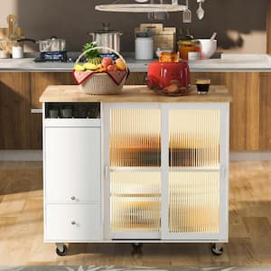 White Solidwood Drop Leaf 44.03 in. Kitchen Island LED Sliding Glass Doors Cart with an Adjustable Shelf and 2-Drawers