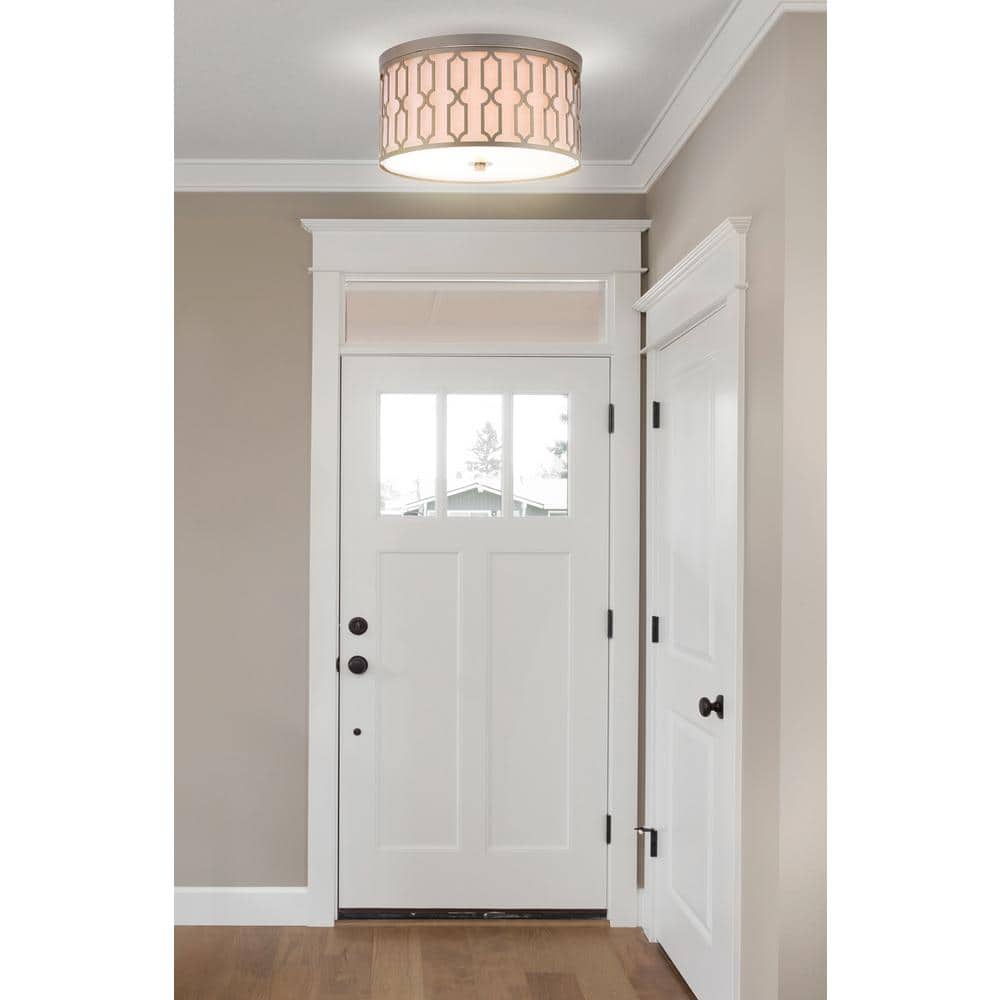 Soft Gold Geometric 3-Light LED Flush Mount with White Linen Shade